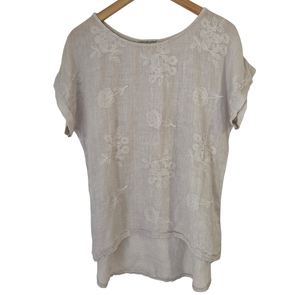 Terzo Millennio Italy 100% Linen Embroidered Floral High Low Blouse Top S Boho - Picture 2 of 9